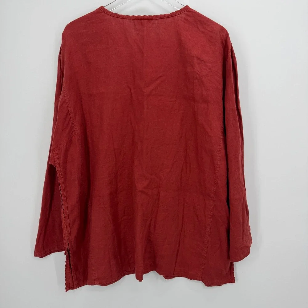 J. Jill Red Linen Blend Crochet Trim Tunic Top Size 3X Button V-Neck Lagenlook - Picture 6 of 9